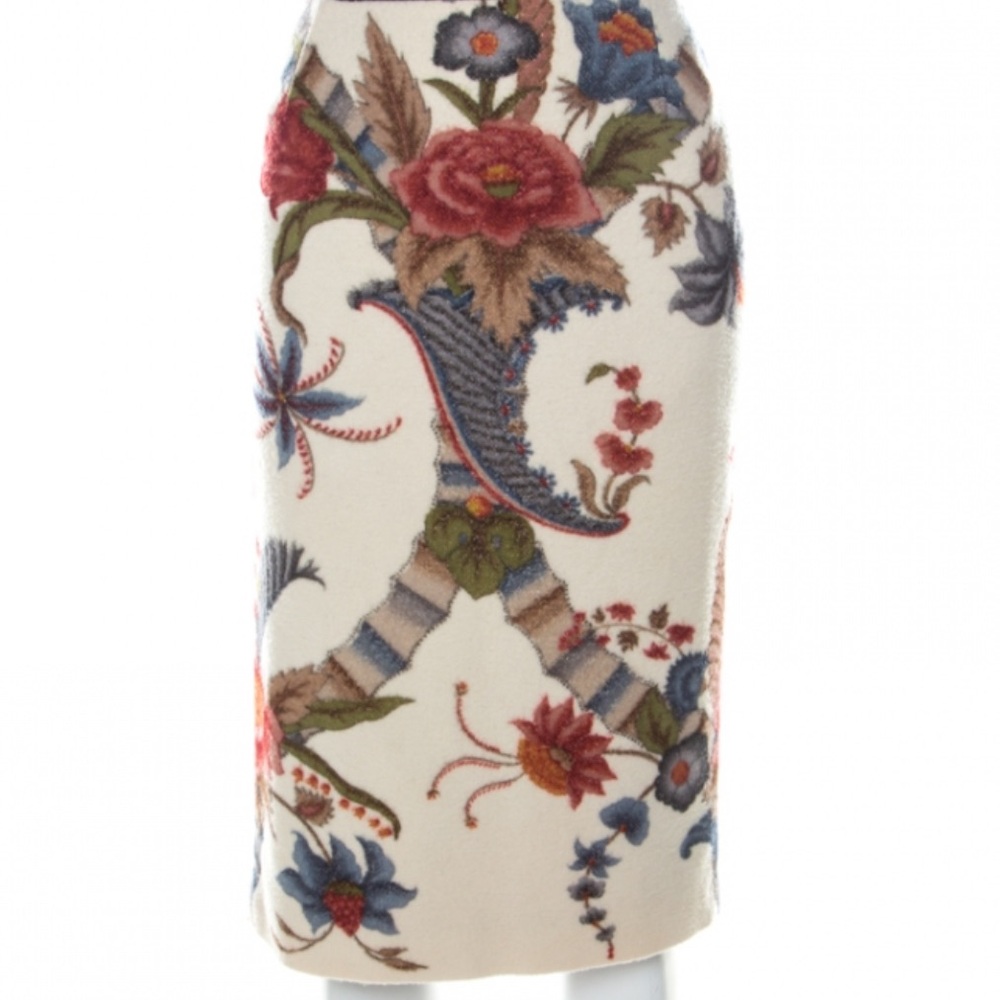 CAROLINA HERRERA FELTED WOOL BLEND SHEATH SKIRT CREAM/MULTI FLORAL SIZE 6